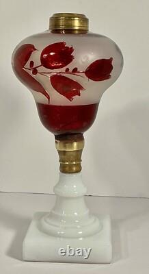 19th C Victorian Oil Lamp Milk Glass Base & Cranberry Flashed & Frosted Font 11