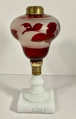 19th C Victorian Oil Lamp Milk Glass Base & Cranberry Flashed & Frosted Font 11
