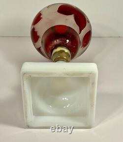 19th C Victorian Oil Lamp Milk Glass Base & Cranberry Flashed & Frosted Font 11