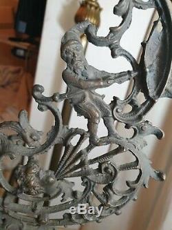 19th Cent Antique Big Dutch Antique Bronze & Majolica Hanging Oil Kerosene Lamp