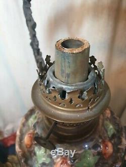 19th Cent Antique Big Dutch Antique Bronze & Majolica Hanging Oil Kerosene Lamp