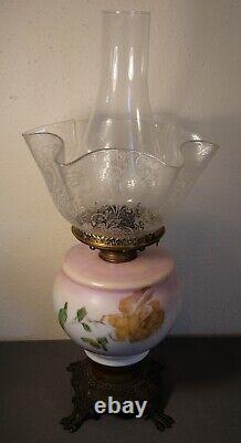 19th Century American Victorian Painted Opaline Glass/Gilt Brass Base Oil Lamp