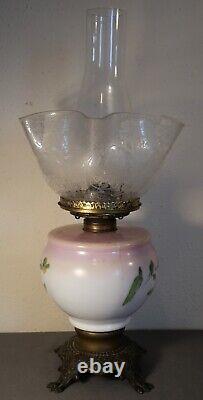 19th Century American Victorian Painted Opaline Glass/Gilt Brass Base Oil Lamp