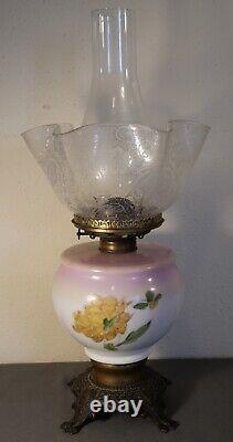 19th Century American Victorian Painted Opaline Glass/Gilt Brass Base Oil Lamp