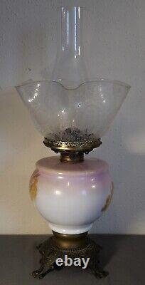 19th Century American Victorian Painted Opaline Glass/Gilt Brass Base Oil Lamp