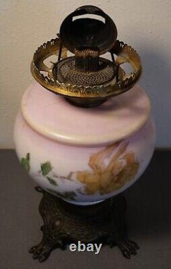 19th Century American Victorian Painted Opaline Glass/Gilt Brass Base Oil Lamp