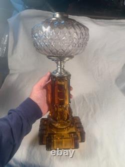 19th c AMERICUS Amber base Glass Oil Lamp EAPG Glass Base Victorian 16 Tall