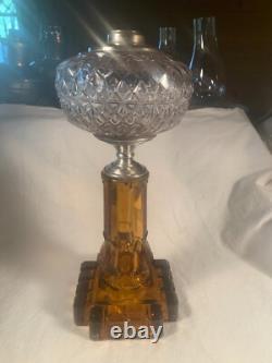 19th c AMERICUS Amber base Glass Oil Lamp EAPG Glass Base Victorian 16 Tall