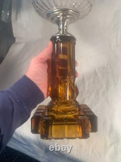 19th c AMERICUS Amber base Glass Oil Lamp EAPG Glass Base Victorian 16 Tall