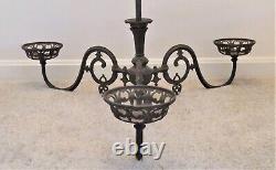 19th c. Cast Iron 3 Light Kerosene Oil Gas Lamp Chandelier Light Fixture Antique