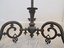 19th c. Cast Iron 3 Light Kerosene Oil Gas Lamp Chandelier Light Fixture Antique