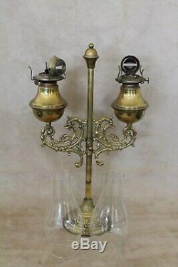 19th c Victorian Brass Oil Kerosene Double Student Desk Adjustable Lamp Dolphins