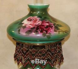 19th c Victorian Pink Roses GWTW Oil Kerosene Parlor Lamp w Beaded Tassel Fringe