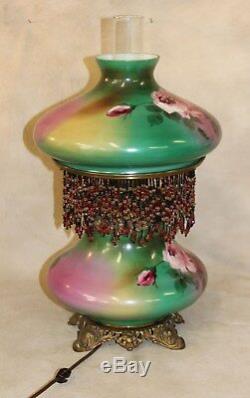 19th c Victorian Pink Roses GWTW Oil Kerosene Parlor Lamp w Beaded Tassel Fringe