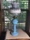 21 Sky Blue Greek Key Oil Lamp W Blue Luster Shade & Illuminator Shade Holder