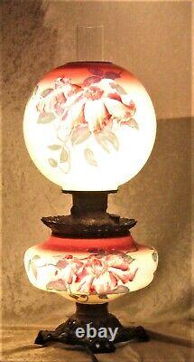 24 Antique ART NOUVEAU FLORAL HAND PAINTED GWTW / PARLOR OIL LAMP Converted