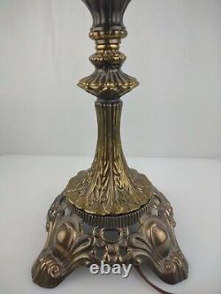 24 large Beautiful Roses On Glass Amber Shade CAST METAL KEROSENE Oil Lamp