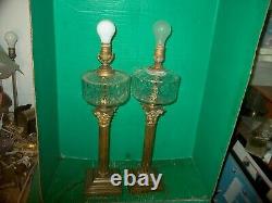 2 Antique 1880-1890's Kerosene Brass & Glass Banquet Oil Lamps Electrified