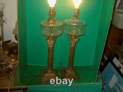 2 Antique 1880-1890's Kerosene Brass & Glass Banquet Oil Lamps Electrified