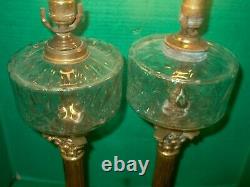 2 Antique 1880-1890's Kerosene Brass & Glass Banquet Oil Lamps Electrified