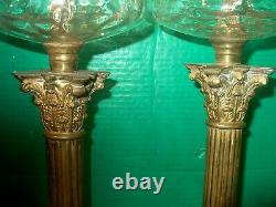 2 Antique 1880-1890's Kerosene Brass & Glass Banquet Oil Lamps Electrified