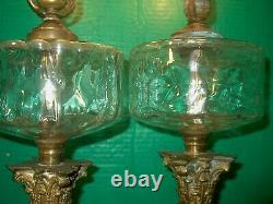 2 Antique 1880-1890's Kerosene Brass & Glass Banquet Oil Lamps Electrified