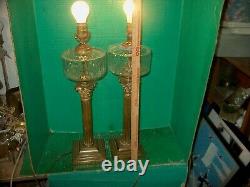 2 Antique 1880-1890's Kerosene Brass & Glass Banquet Oil Lamps Electrified