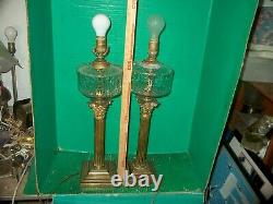 2 Antique 1880-1890's Kerosene Brass & Glass Banquet Oil Lamps Electrified