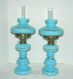 2 Antique Blue Opaline Glass Oil Lamps Gold Accents with Shades & Chimneys 17H