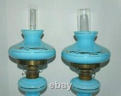 2 Antique Blue Opaline Glass Oil Lamps Gold Accents with Shades & Chimneys 17H