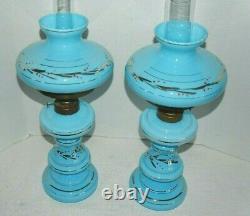 2 Antique Blue Opaline Glass Oil Lamps Gold Accents with Shades & Chimneys 17H