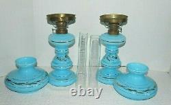 2 Antique Blue Opaline Glass Oil Lamps Gold Accents with Shades & Chimneys 17H