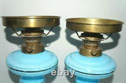 2 Antique Blue Opaline Glass Oil Lamps Gold Accents with Shades & Chimneys 17H