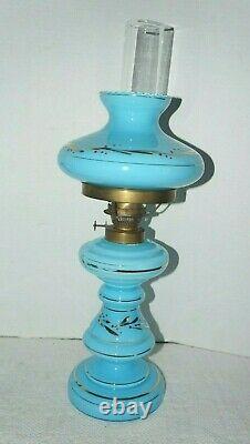 2 Antique Blue Opaline Glass Oil Lamps Gold Accents with Shades & Chimneys 17H