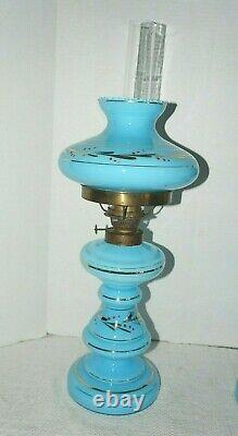 2 Antique Blue Opaline Glass Oil Lamps Gold Accents with Shades & Chimneys 17H