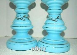 2 Antique Blue Opaline Glass Oil Lamps Gold Accents with Shades & Chimneys 17H