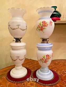 2 Antique French Glass Flora Decor Handpainted Oil Kerosene Lamps