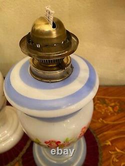 2 Antique French Glass Flora Decor Handpainted Oil Kerosene Lamps