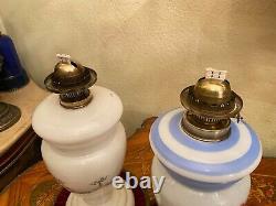 2 Antique French Glass Flora Decor Handpainted Oil Kerosene Lamps