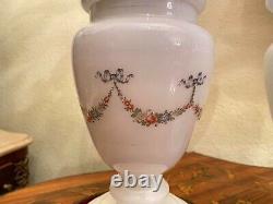 2 Antique French Glass Flora Decor Handpainted Oil Kerosene Lamps