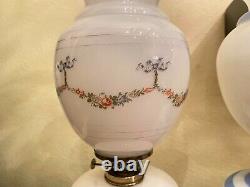 2 Antique French Glass Flora Decor Handpainted Oil Kerosene Lamps