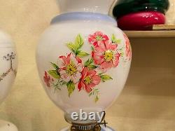2 Antique French Glass Flora Decor Handpainted Oil Kerosene Lamps