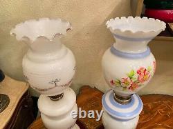 2 Antique French Glass Flora Decor Handpainted Oil Kerosene Lamps