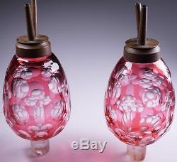 2 Antique Rare Boston Sandwich Cranberry Cut-To-Clear Glass Whale Oil Peg Lamps
