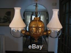 2 Burner # 282 Solid Brass Fleur-di-lis Angle Lamp Antique Shades and Elbows