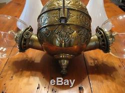 2 Burner # 282 Solid Brass Fleur-di-lis Angle Lamp Antique Shades and Elbows