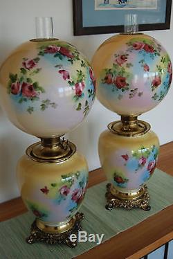 2 Gwtw Victorian Antique Old Hand Painted Roses Vintage Kerosene Oil Parlor Lamp