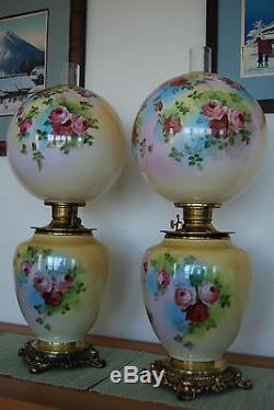 2 Gwtw Victorian Antique Old Hand Painted Roses Vintage Kerosene Oil Parlor Lamp