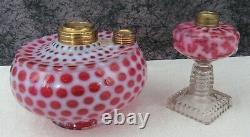 (2) c. 1880 Antique Cranberry Opalescent Glass Oil Lamps