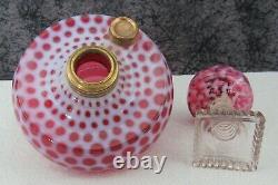 (2) c. 1880 Antique Cranberry Opalescent Glass Oil Lamps